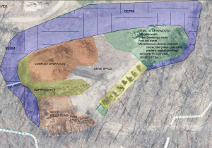 A map showing the future state of the campus maintenance yard, including a purple berm that wraps around the area, and a green area on the right showing items to be removed.